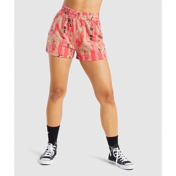 Gymshark Pink Brown Graphic Camo Athleisure Fitness Elastic Waist Shorts Size S - Picture 1 of 8